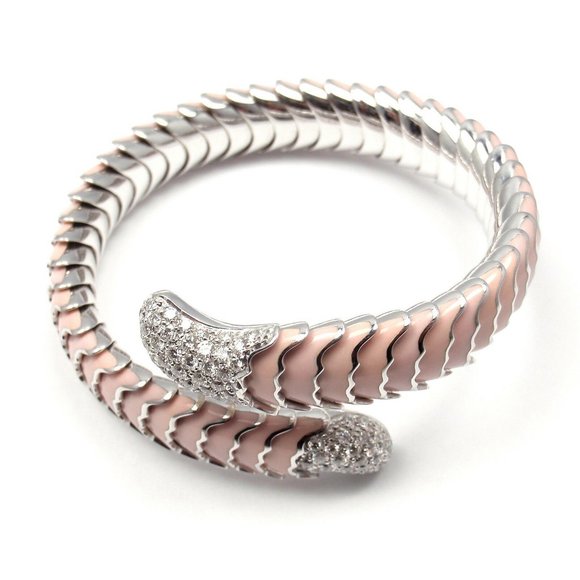 Authentic! ROBERTO COIN 18k White Gold Enamel Ruby Diamond Cobra Bangle Bracelet - Picture 6 of 8